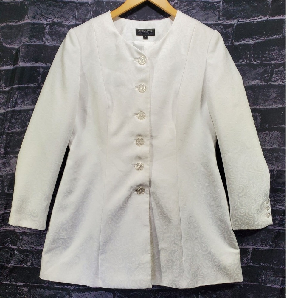 John Meyer Longline Blazer Jacket Womens‎ 12 White Jacquard Button Front Coat